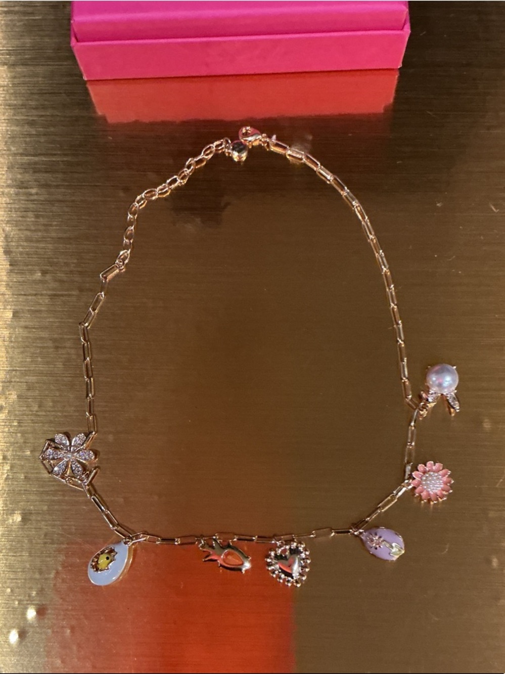 Gold-Tone Charm Necklace with Pink & Pearl Accents